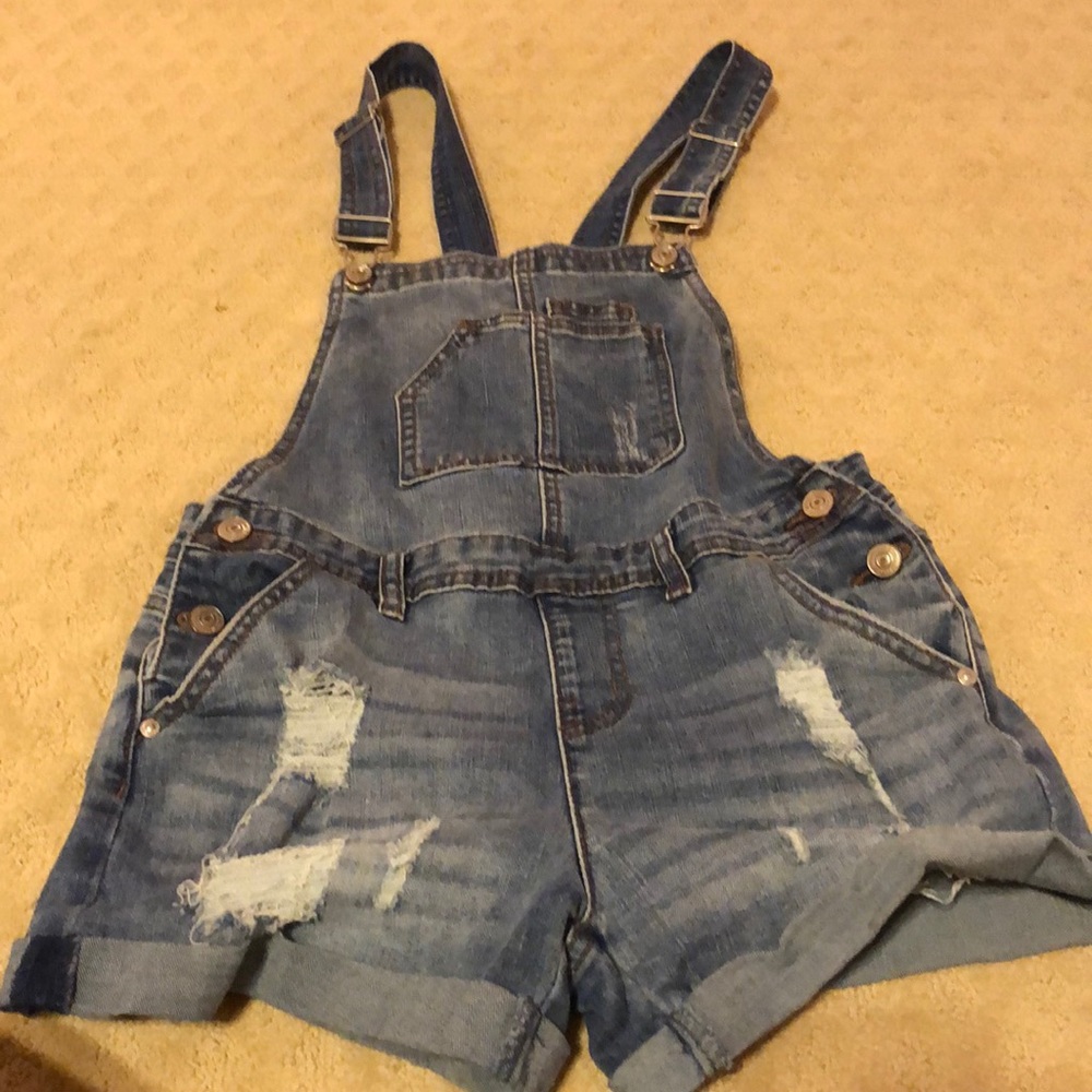 Distressed jean short overalls